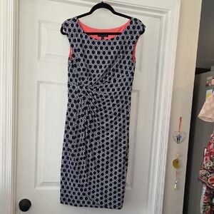 Connected Apparel Navy And White Geometric Knee Length Dress with Coral Lining